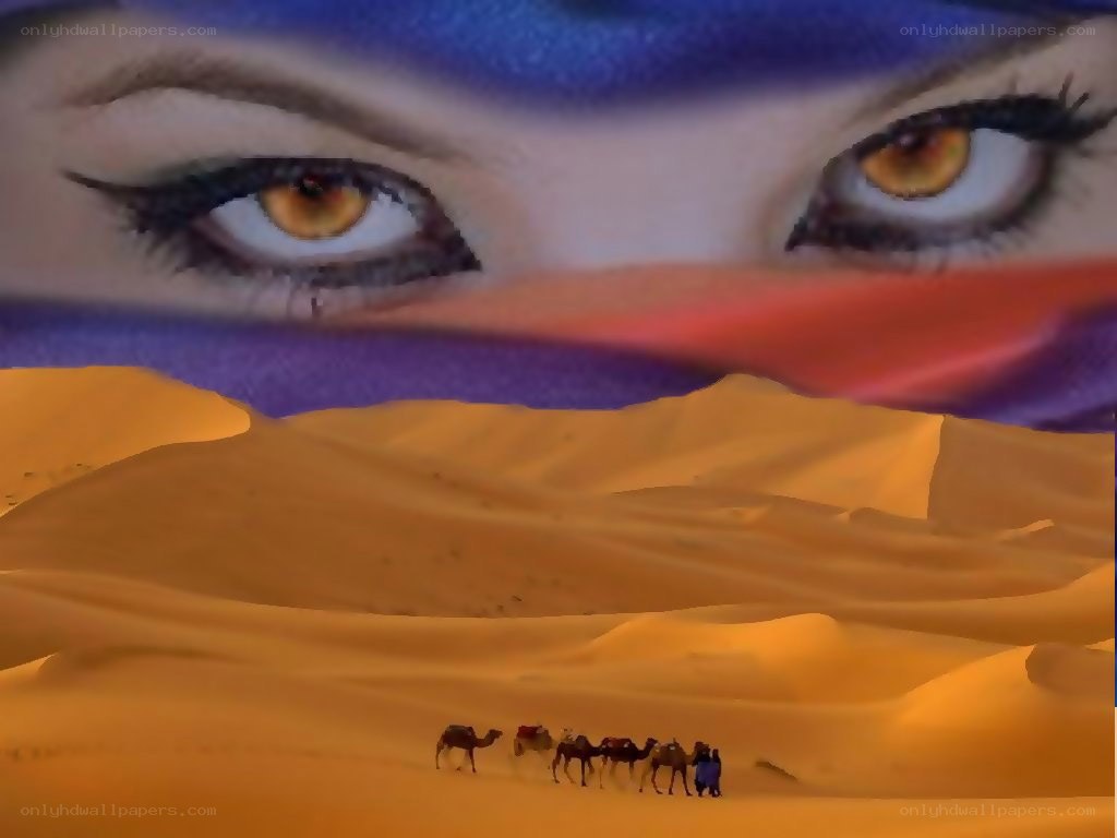 Desert caravan under giant eyes