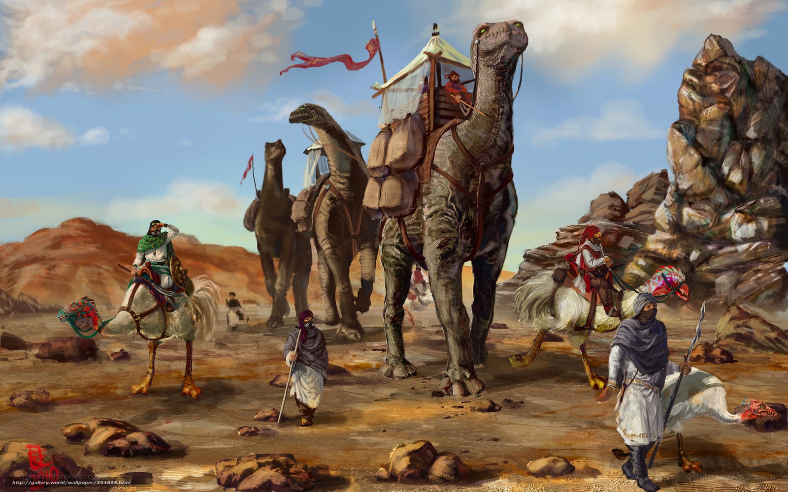 Desert caravan with dinosaurs