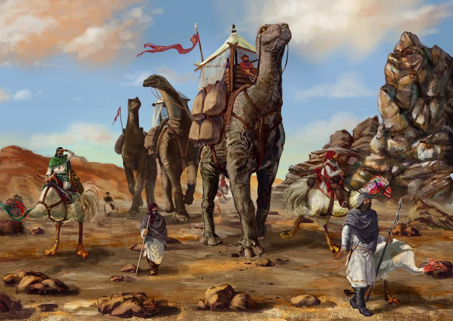 Desert caravan with dinosaurs
