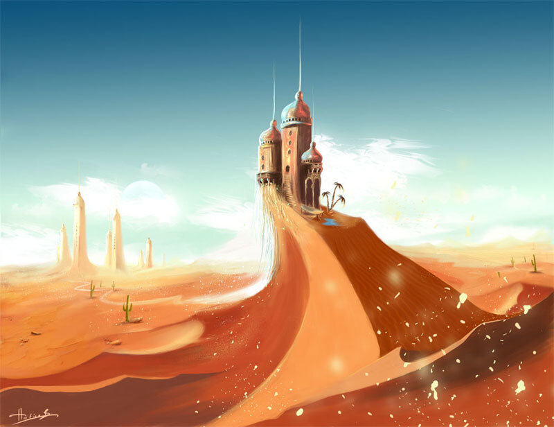 Desert castle with flowing sand