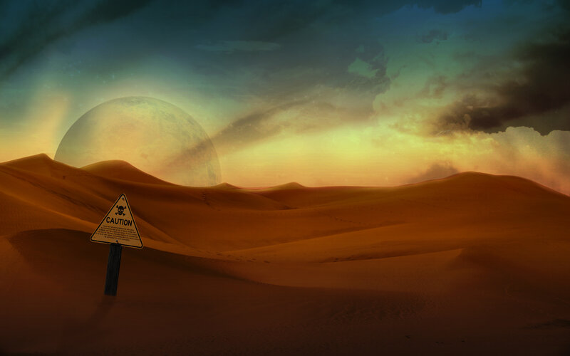 Desert caution sign under alien moon