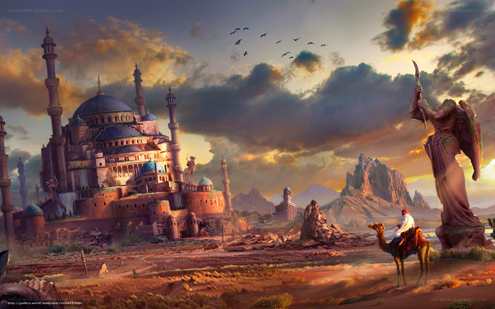 Desert city with angel statue