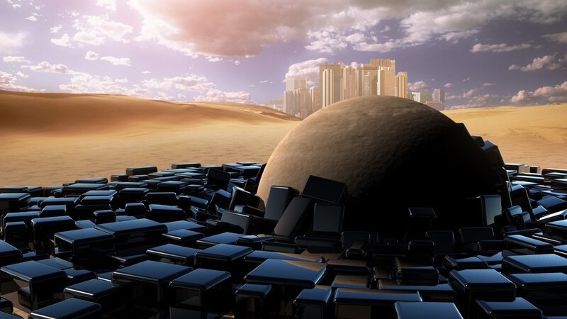 Desert city with black cubes