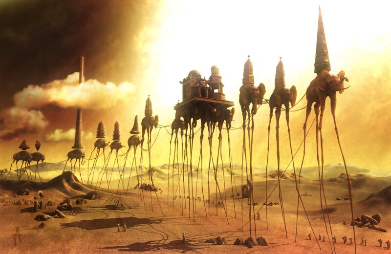 Desert city with giant legged elephants