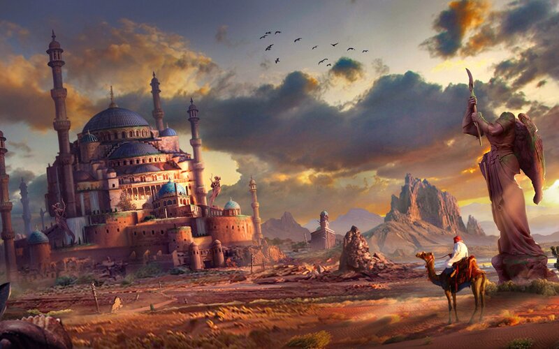 Desert city with grand mosque
