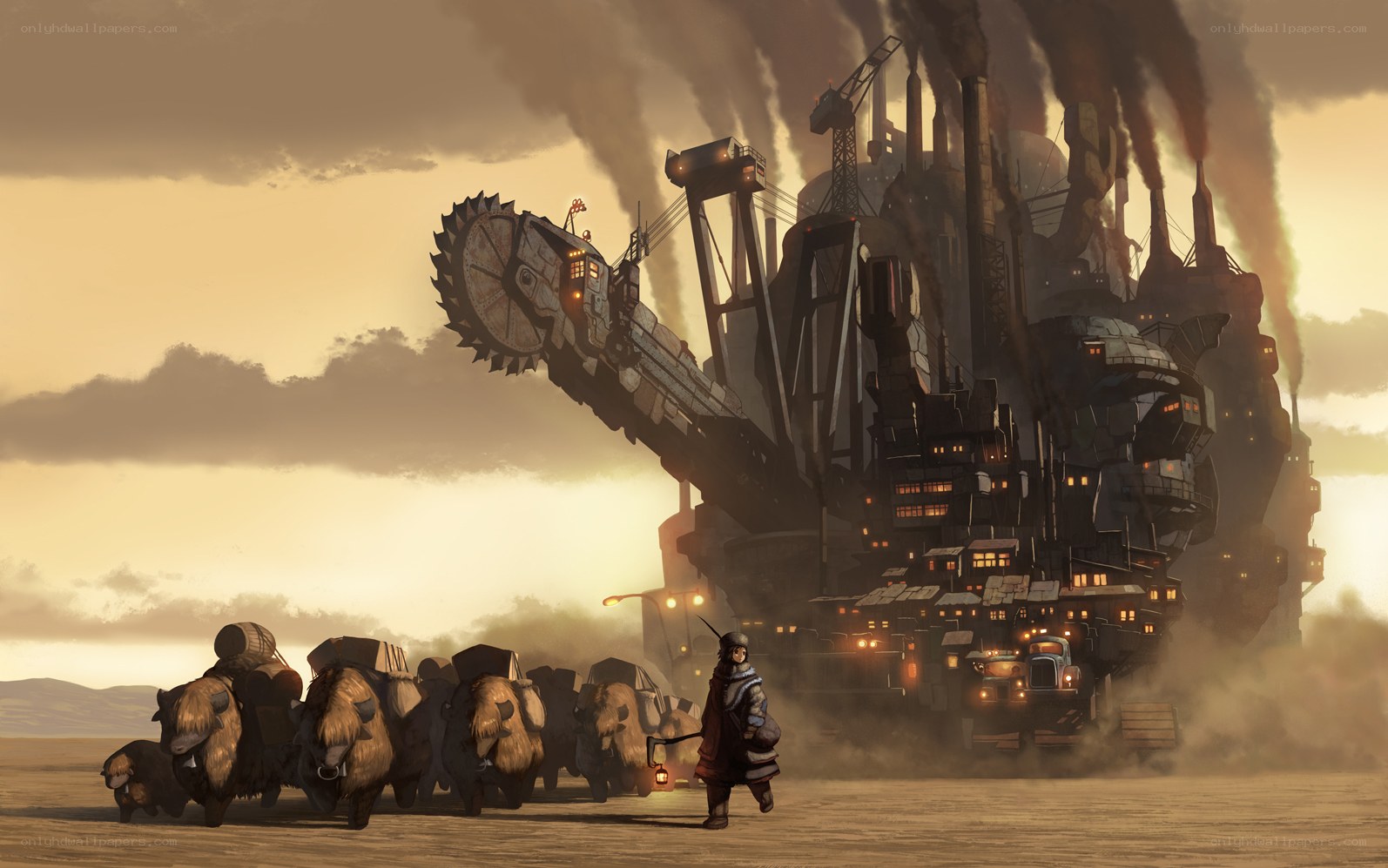 Desert convoy near giant machine