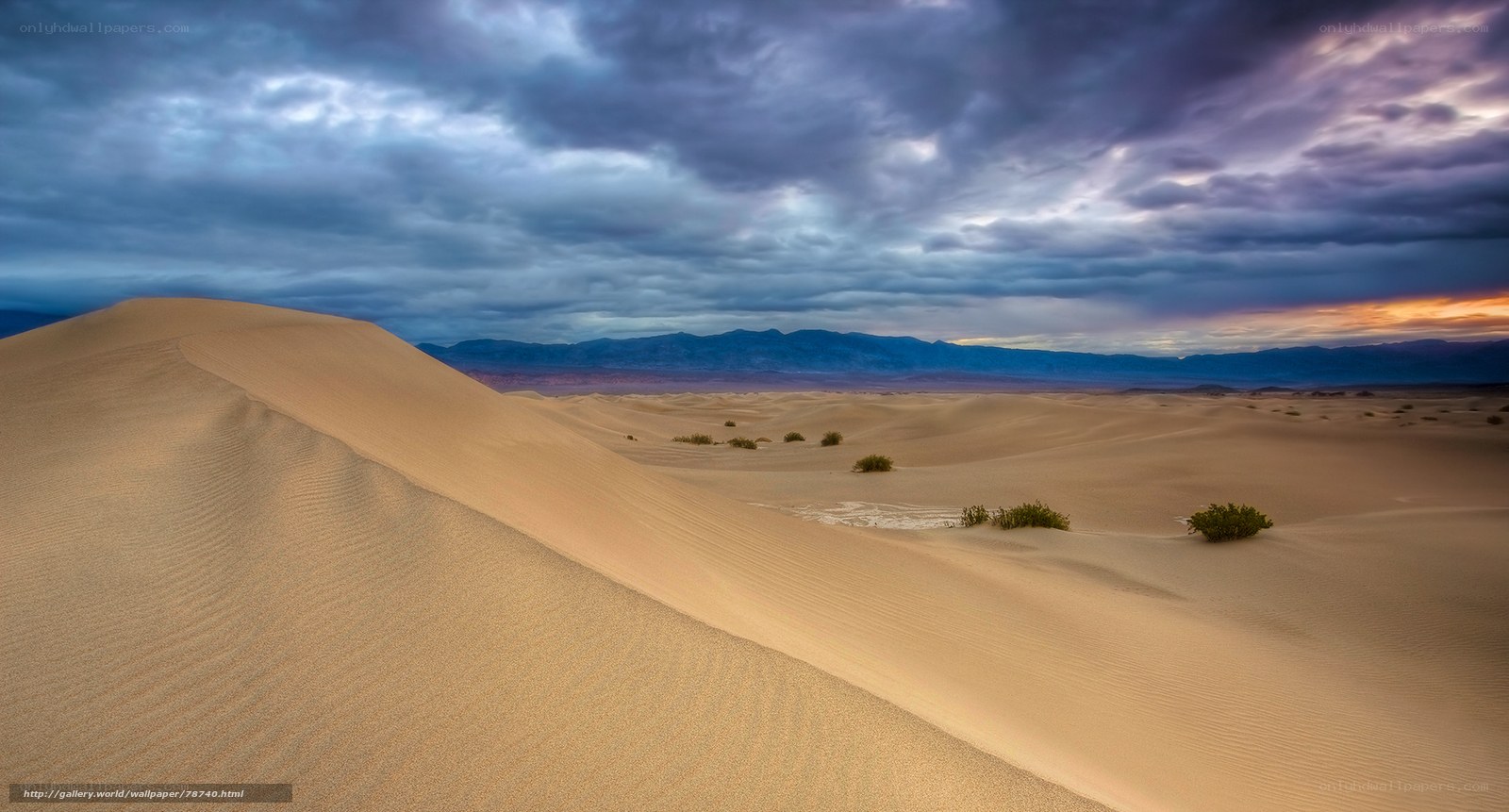 Desert dunes under stormy sky