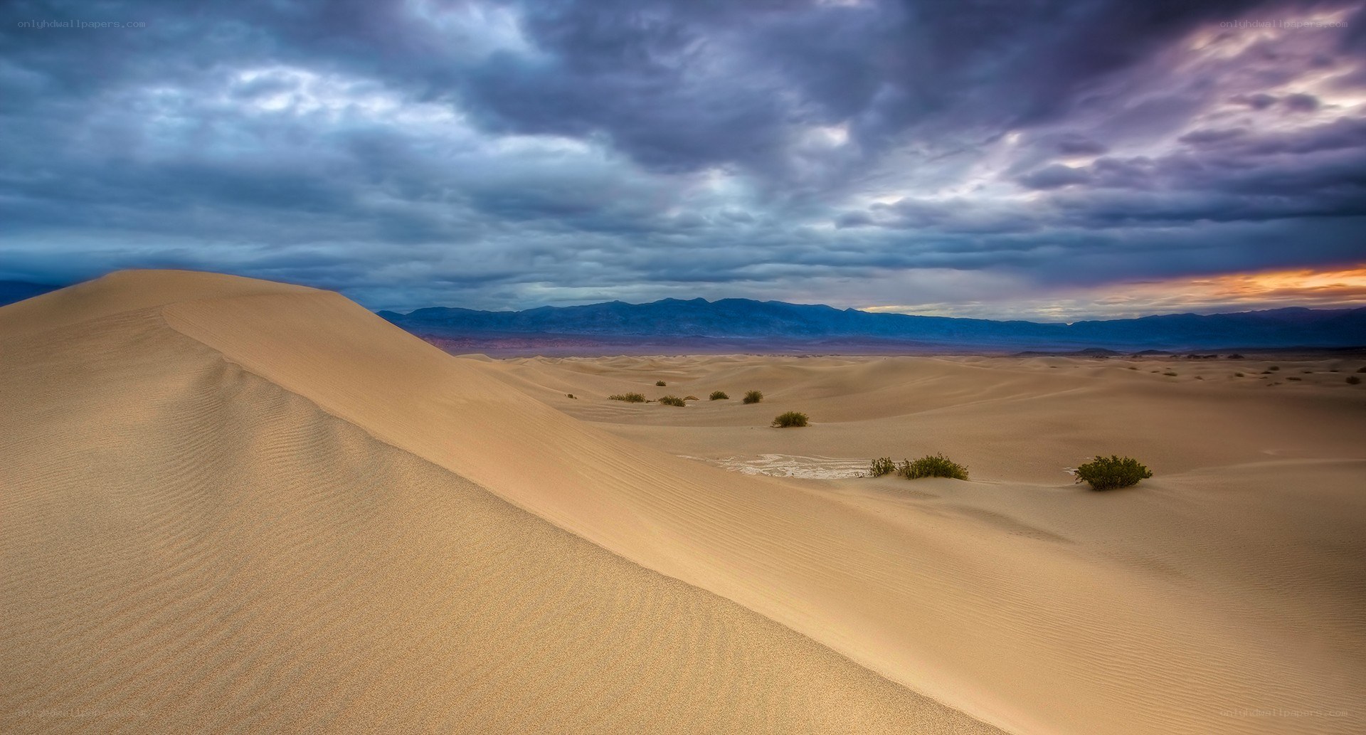 Desert dunes under stormy sky