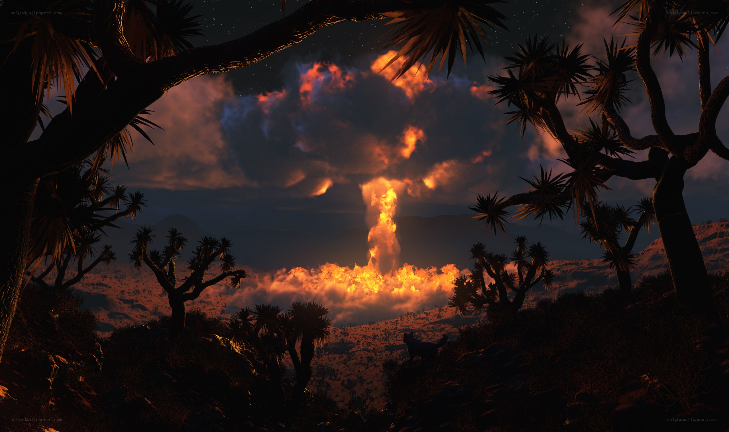 Desert explosion at night