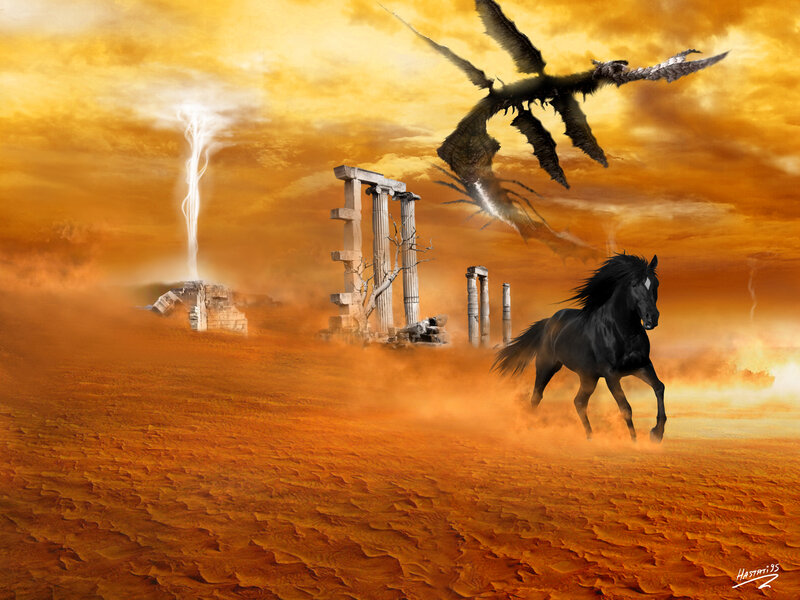 Desert fantasy with horse and dragon