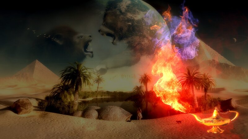 Desert fantasy with lions and fire