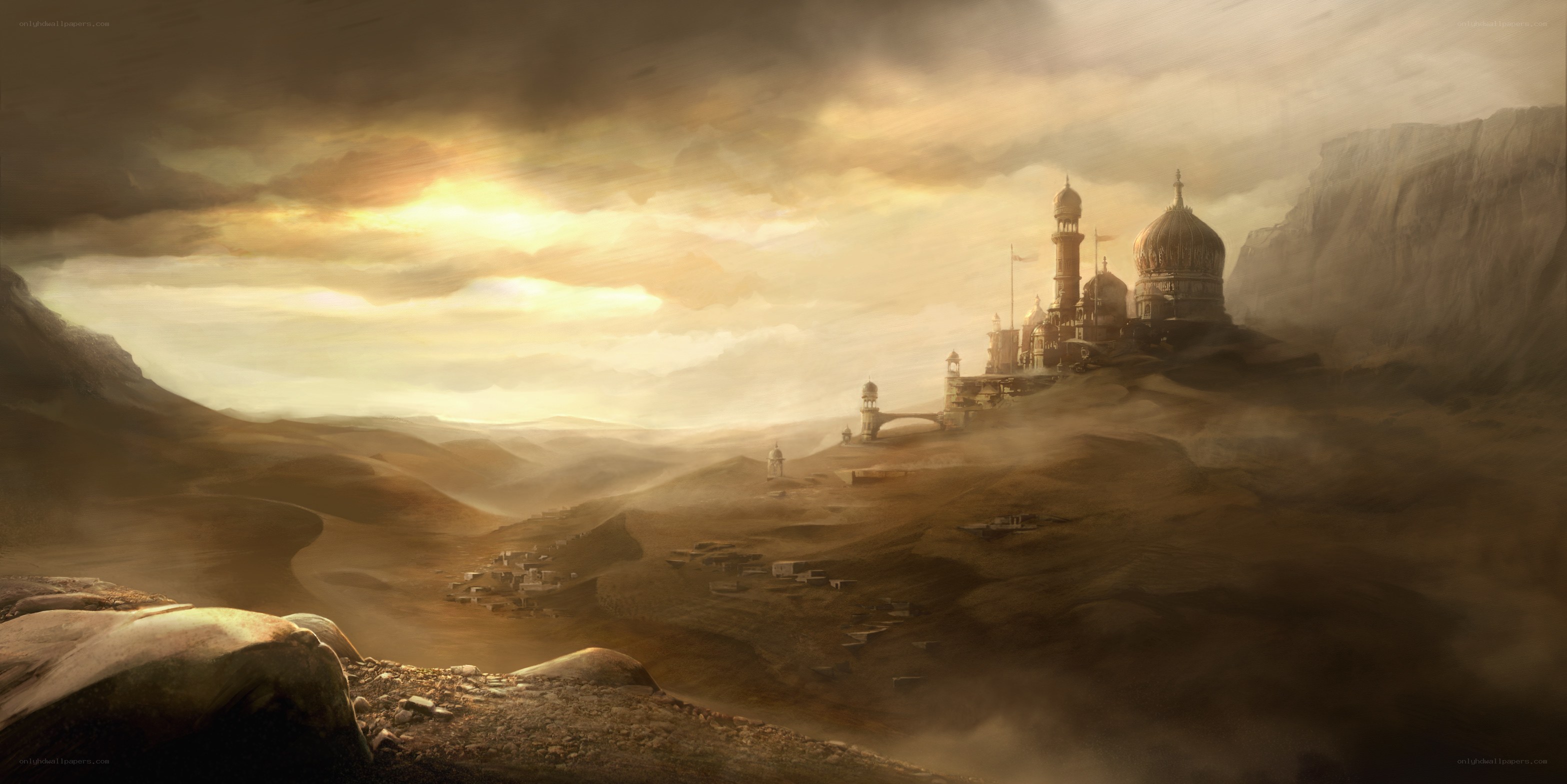 Desert fortress at sunset