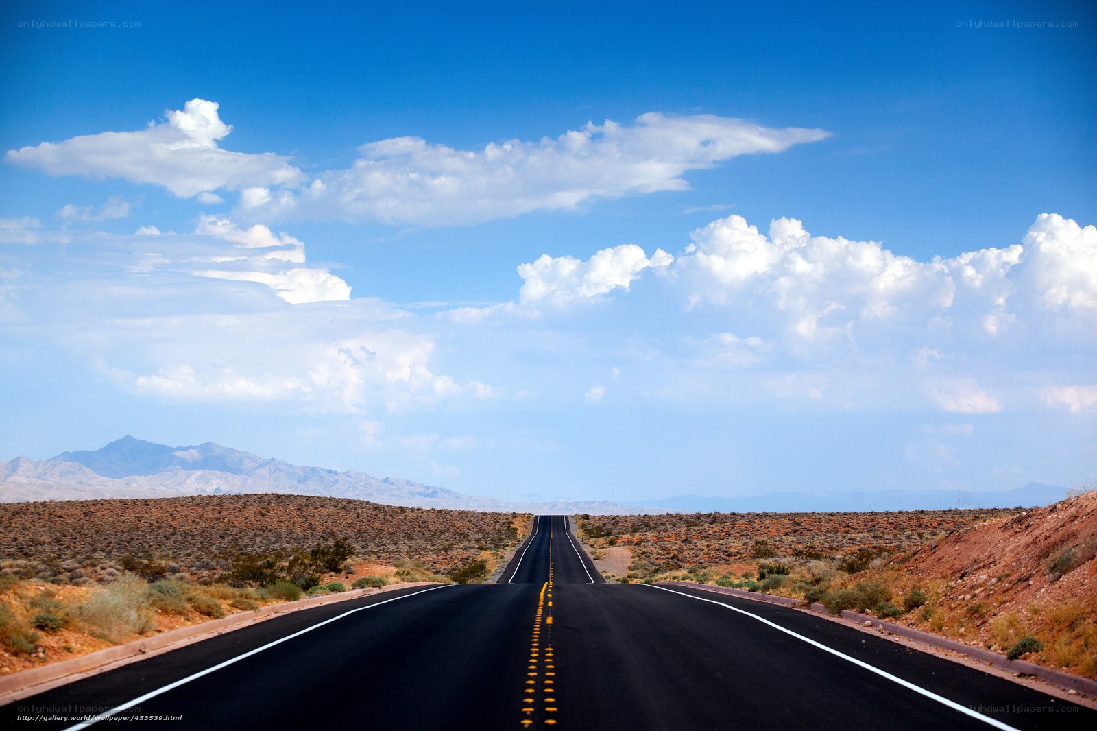 Desert highway under blue sky