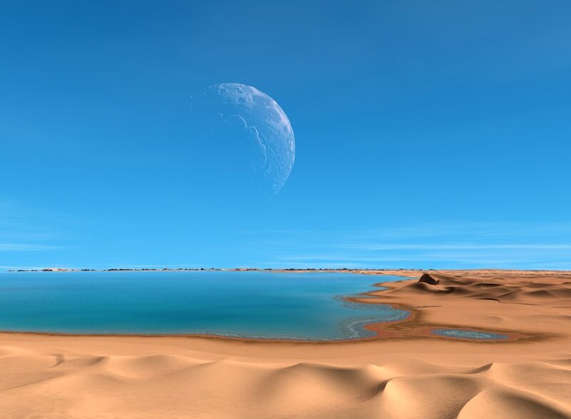 Desert lake with alien moon