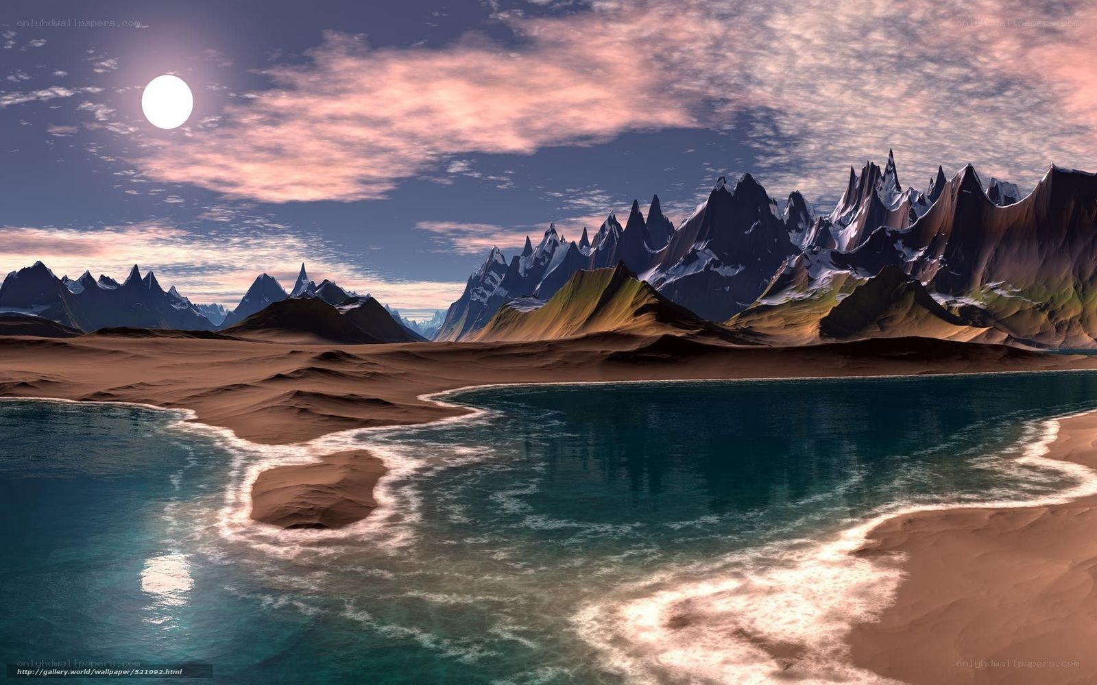 Desert lake with moonlit mountains
