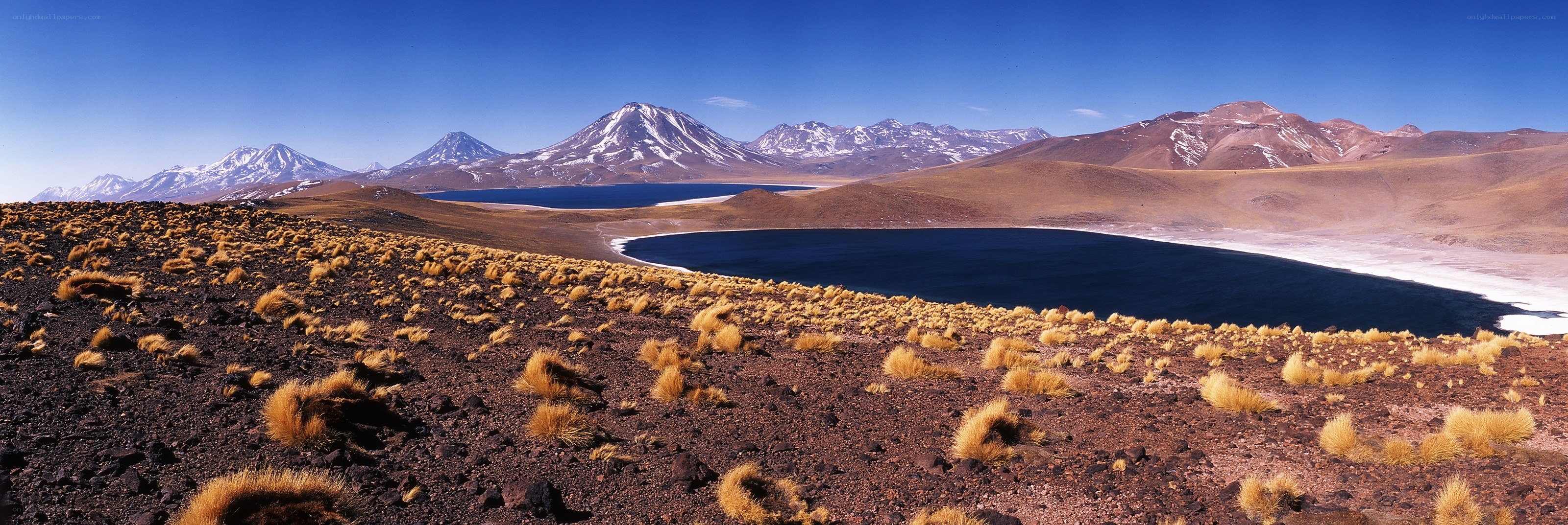 Desert lake with snow-capped mountains
