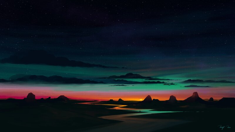 Desert Landscape at Dusk — Green, Serene