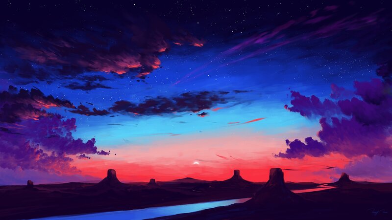 Desert Landscape at Dusk — Purple, Dramatic, Sunset, Digital Art