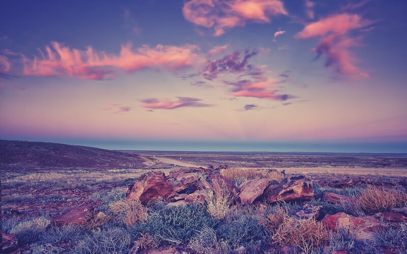 Desert Landscape at Dusk — Purple, Serene, Sunset, Photograph, Rocks