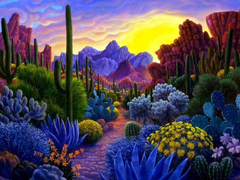 Desert Landscape at Sunset — Blue, Dramatic, Painting