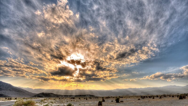 Desert Landscape at Sunset — Blue, Dramatic, Photograph, Mountains, Clouds, Sunlight