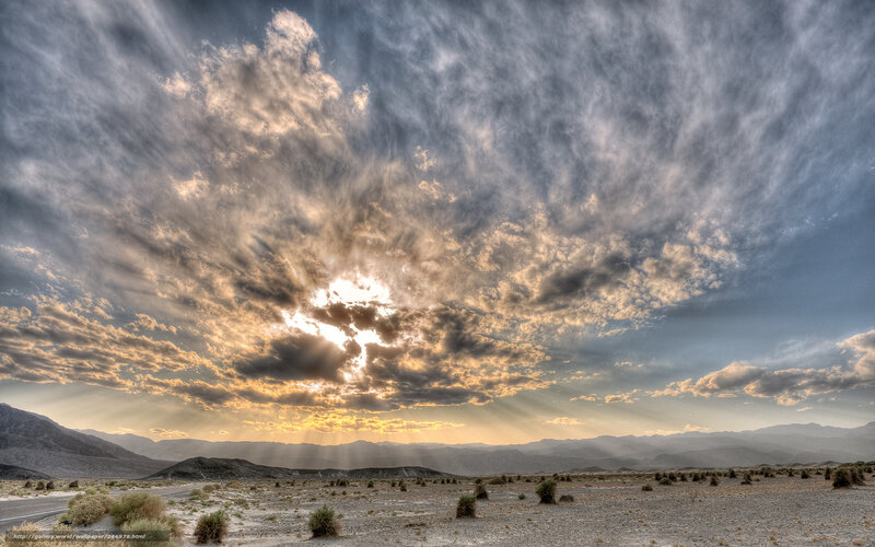 Desert Landscape at Sunset — Blue, Dramatic, Photograph, Mountains, Clouds
