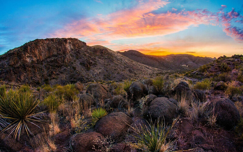 Desert Landscape at Sunset — Blue, Dramatic, Photograph, Mountains, Sky