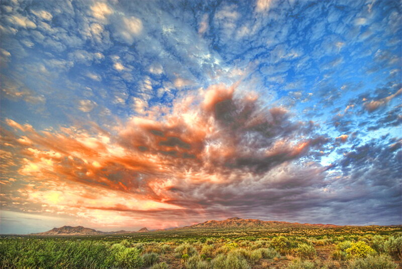 Desert Landscape at Sunset — Blue, Dramatic, Photograph, Mountains