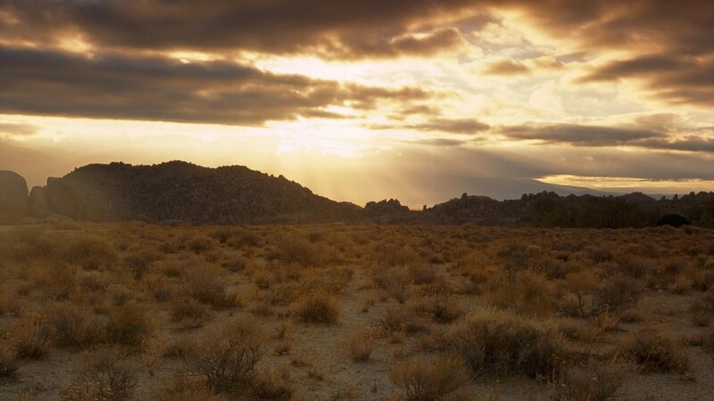 Desert Landscape at Sunset — Brown, Dramatic, Photograph, Mountains, Clouds, Shrubs, Gold, Gray
