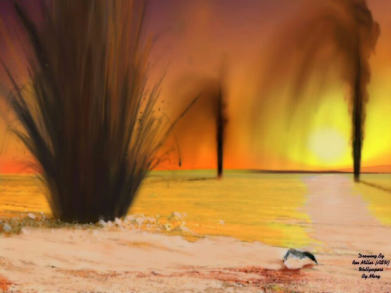 Desert Landscape at Sunset — Orange, Dramatic, Digital Art