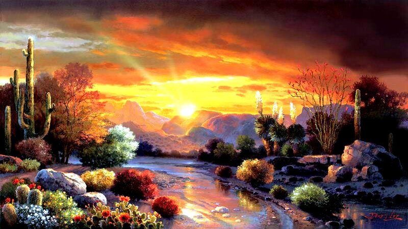 Desert Landscape at Sunset — Orange, Dramatic, Painting, Cactus, River