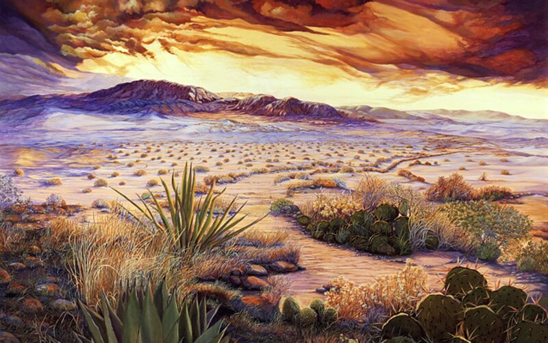 Desert Landscape at Sunset — Orange, Dramatic, Painting, Cactus