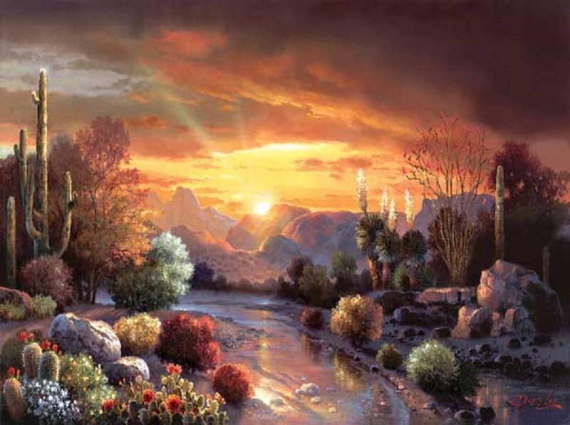Desert Landscape at Sunset — Orange, Dramatic, Painting
