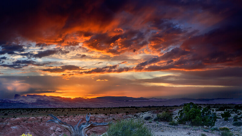 Desert Landscape at Sunset — Orange, Dramatic, Photograph, Clouds, Mountains, Driftwood