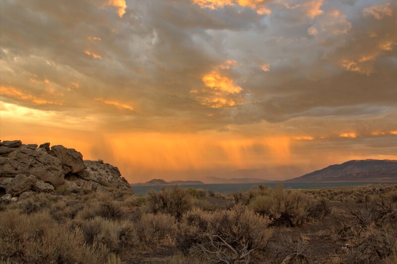Desert Landscape at Sunset — Orange, Dramatic, Photograph, Clouds, Mountains