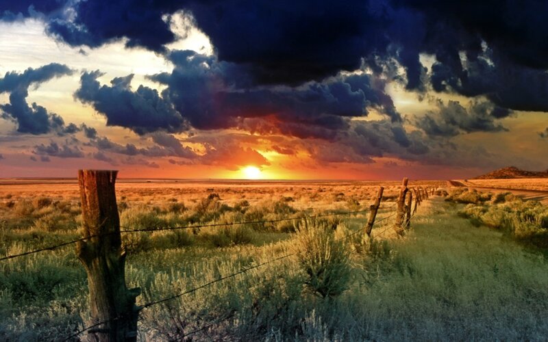 Desert Landscape at Sunset — Orange, Dramatic, Photograph, Fence, Clouds, Sun