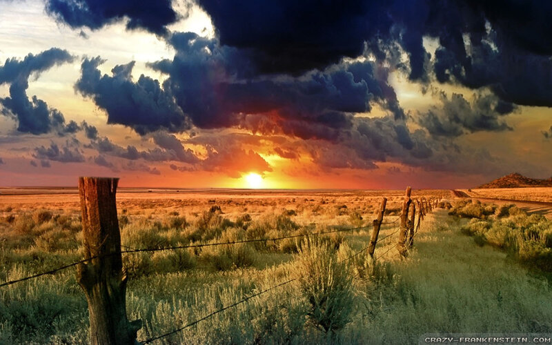 Desert Landscape at Sunset — Orange, Dramatic, Photograph, Fence, Clouds