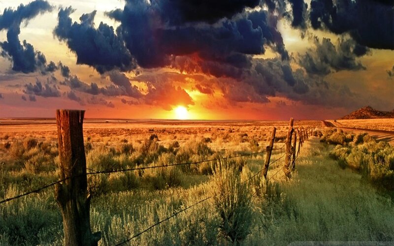 Desert Landscape at Sunset — Orange, Dramatic, Photograph, Fence