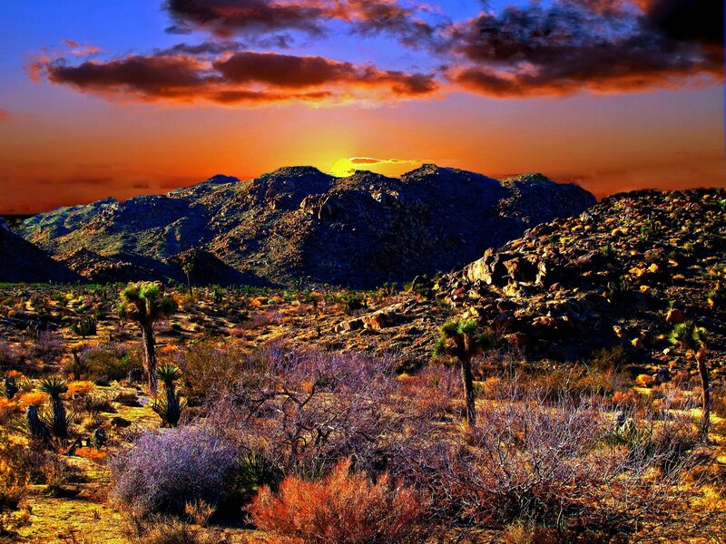 Desert Landscape at Sunset — Orange, Dramatic, Photograph, Mountains