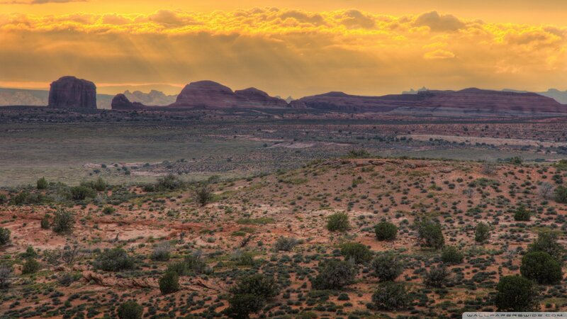 Desert Landscape at Sunset — Orange, Dramatic, Photograph, Rock Formations