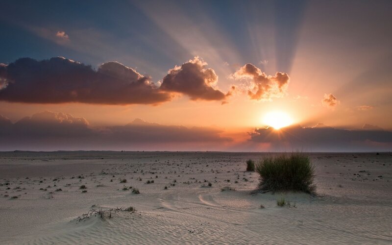 Desert Landscape at Sunset — Orange, Dramatic, Photograph, Sand Dunes, Clouds