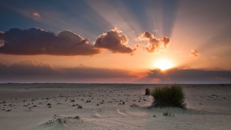 Desert Landscape at Sunset — Orange, Dramatic, Photograph, Sun, Clouds