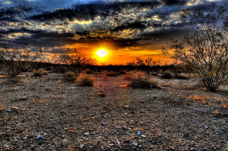 Desert Landscape at Sunset — Orange, Dramatic, Photograph, Sun