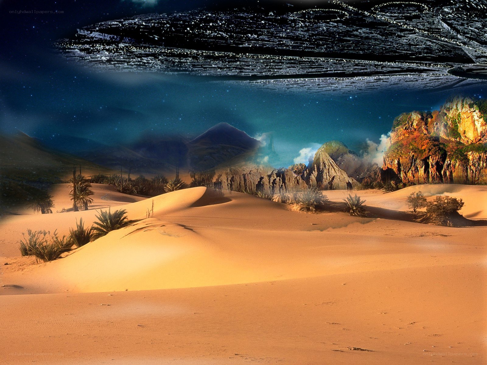 Desert landscape under alien sky