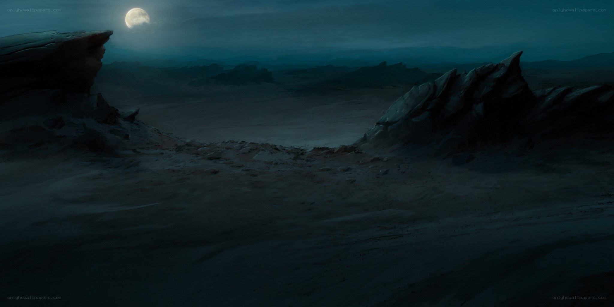 Desert landscape under moonlight