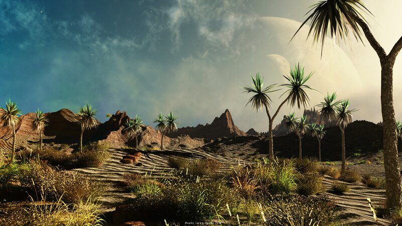 Desert landscape with alien moon