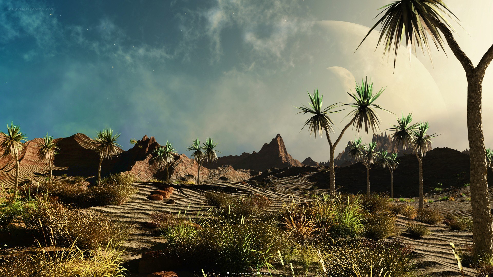 Desert landscape with alien moon