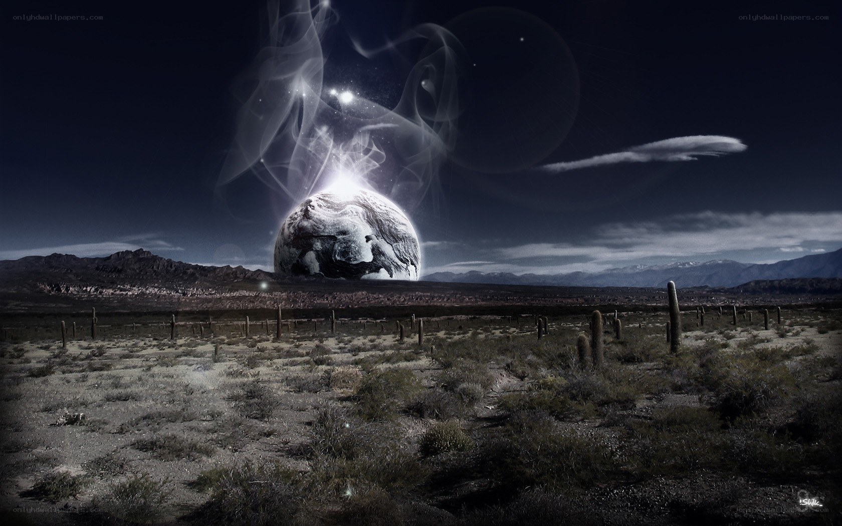 Desert landscape with alien planet
