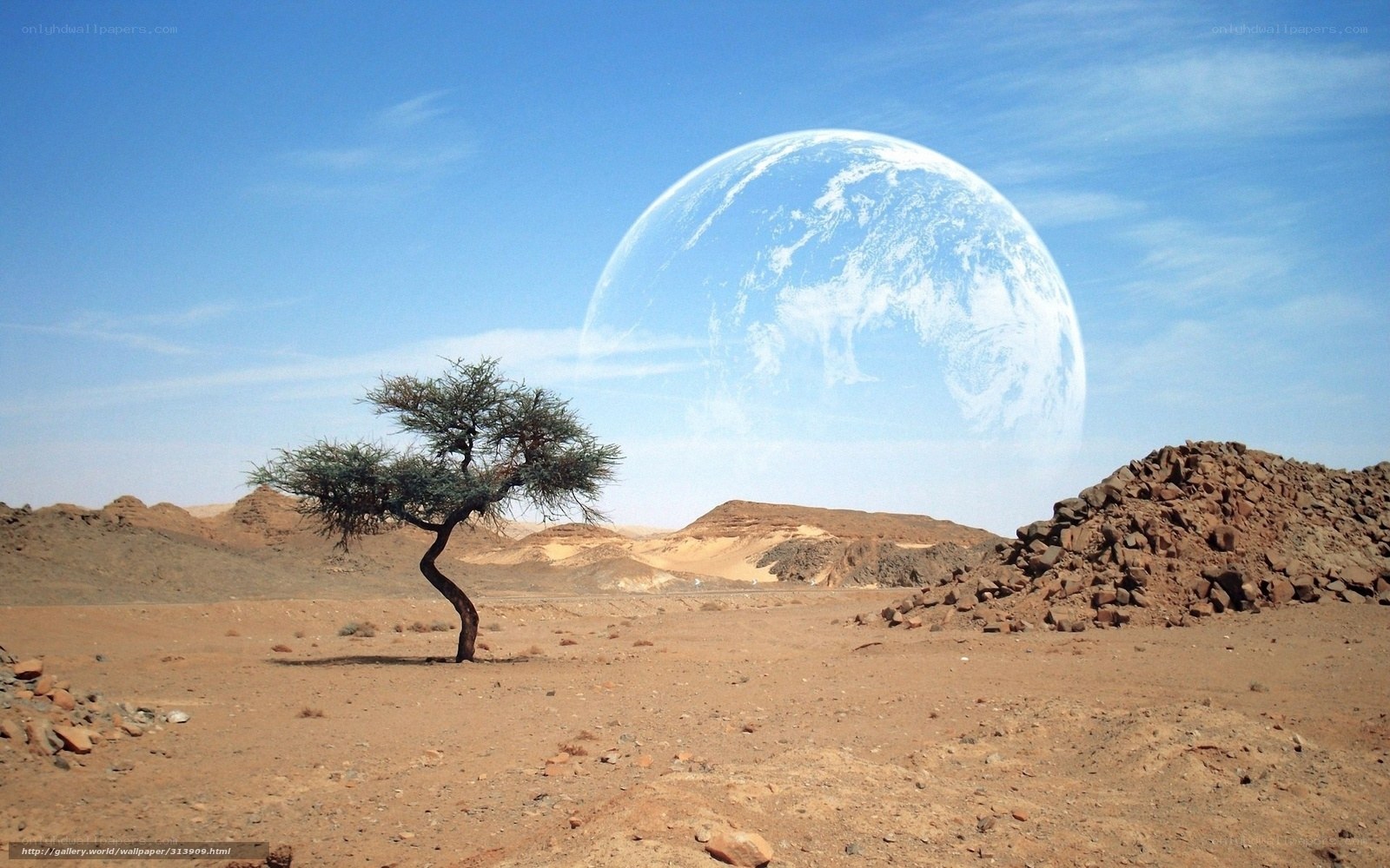 Desert landscape with alien planet