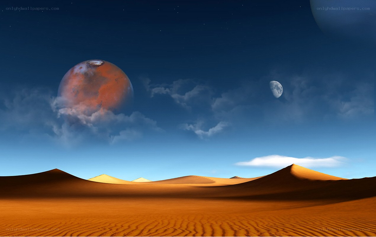 Desert landscape with alien planets